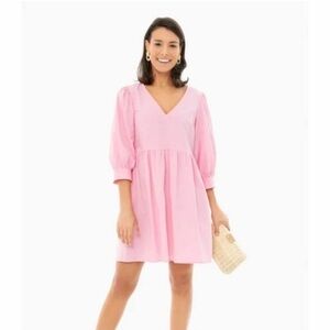 Tuckernuck Pomander Place Pink Lizzie Mini Dress Babydoll Poplin V-Neck Size M